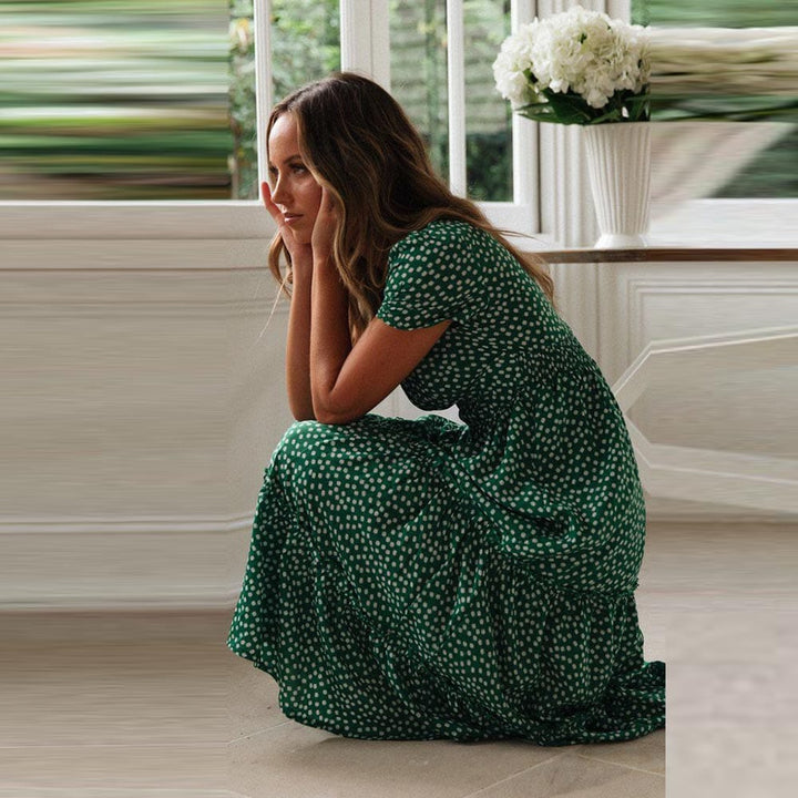 Lily™ - Bohemian Green Midi Dress With Puff Sleeve