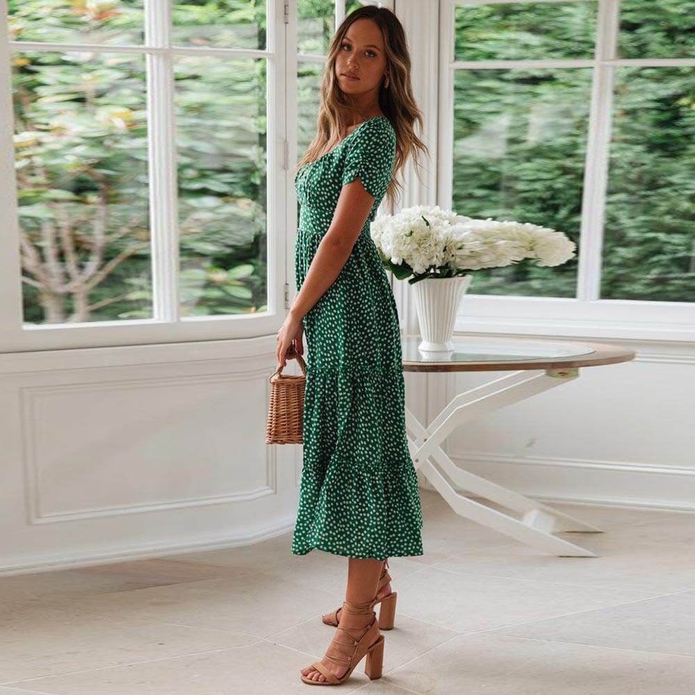 Lily™ - Bohemian Green Midi Dress With Puff Sleeve