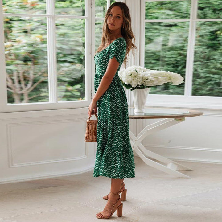 Lily™ - Bohemian Green Midi Dress With Puff Sleeve
