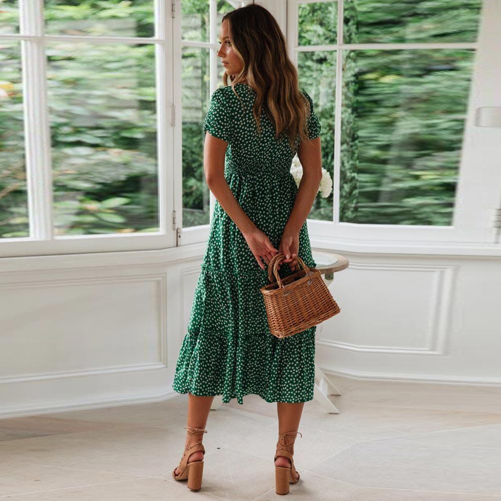 Lily™ - Bohemian Green Midi Dress With Puff Sleeve