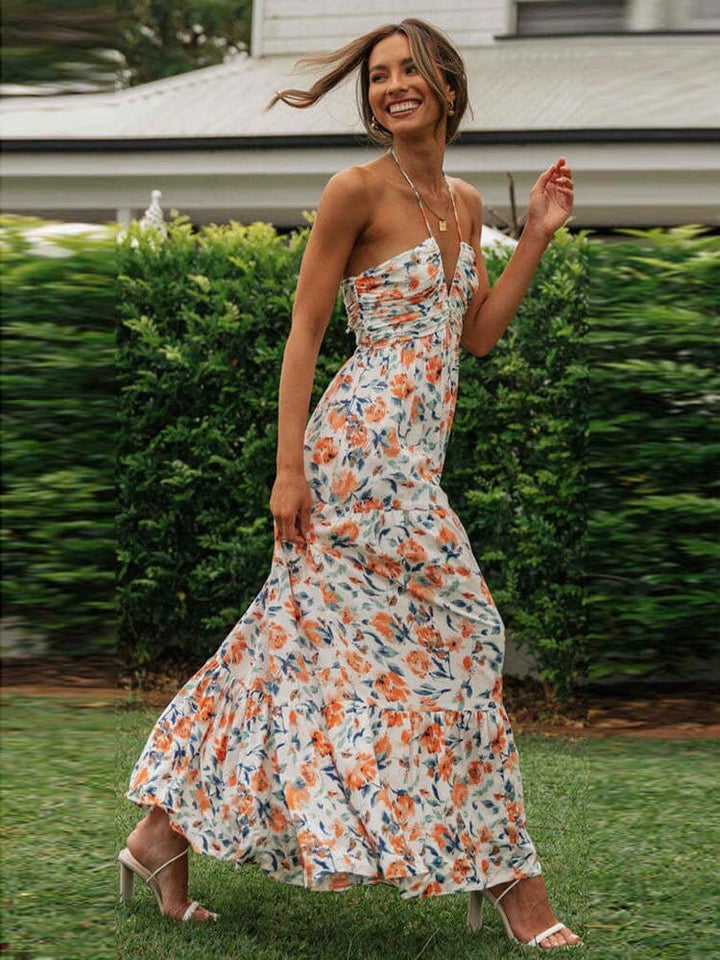 Diamond™ - Summer Wedding Guest Dress With Orange Flowers And V-Neck