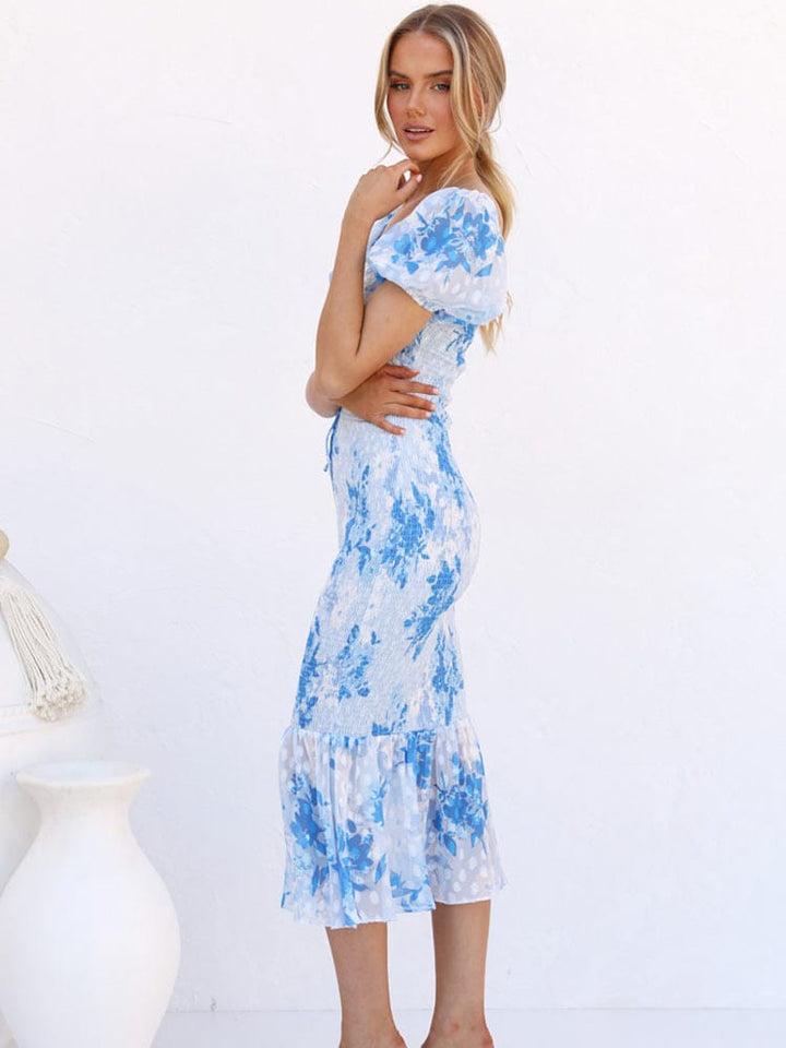 Jennifer™ - Blue Midi Mermaid Dress With Puff Sleeves