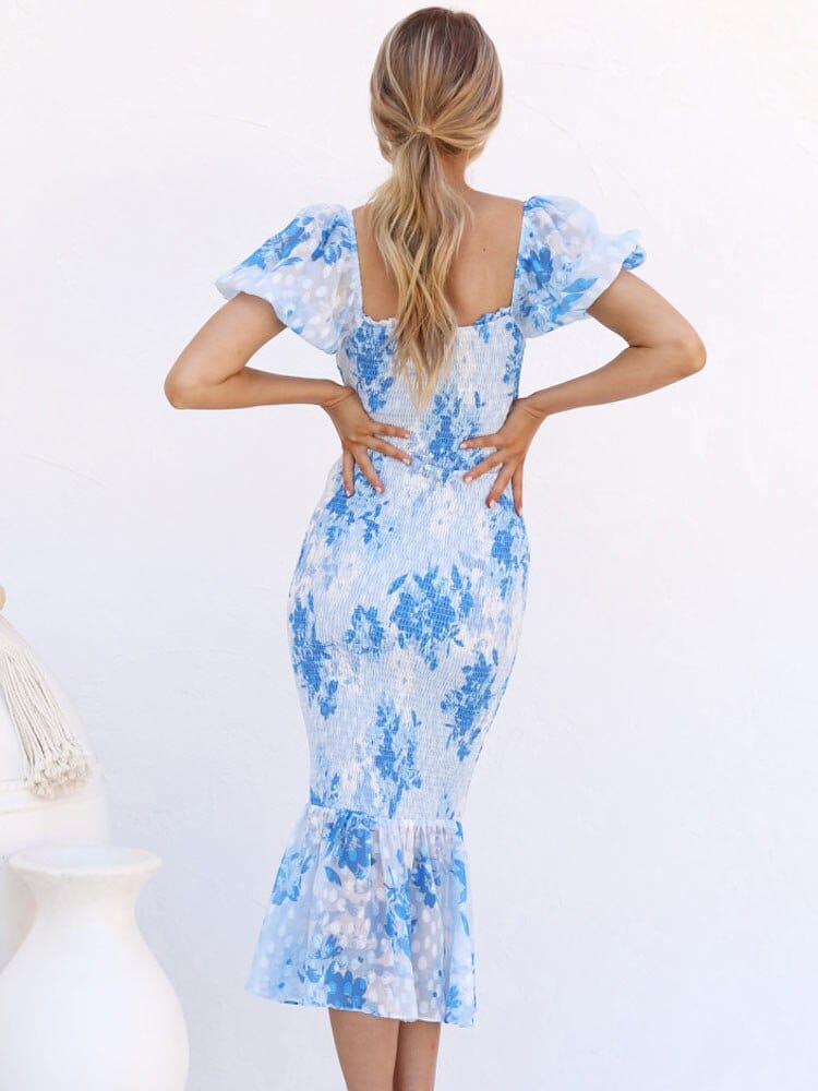Jennifer™ - Blue Midi Mermaid Dress With Puff Sleeves