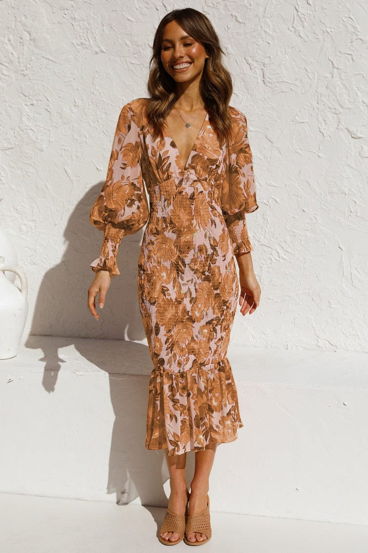 Ulani™ - Brown Long Sleeve Dress With Elegant Print And V-neck