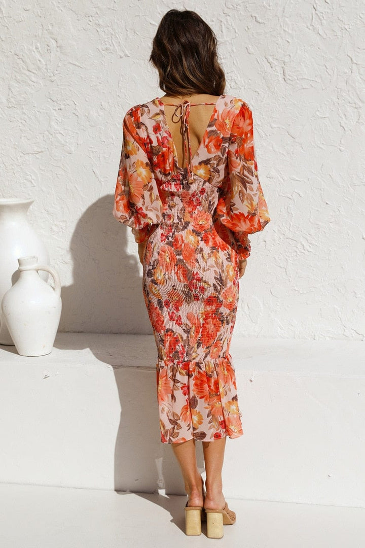 Ulani™ - Brown Long Sleeve Dress With Elegant Print And V-neck