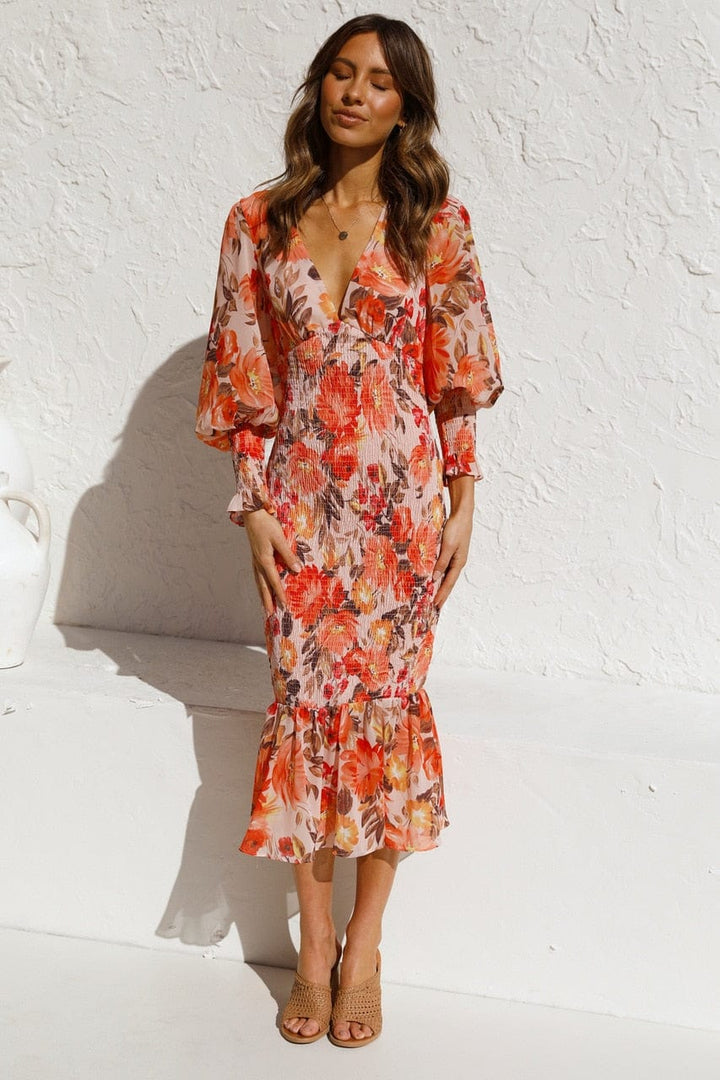 Shelly™ - Orange Long Sleeve Dress With Elegant Print And V-neck